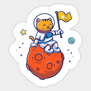 Cute Cat Astronaut Sitting On Moon With Flag Sticker